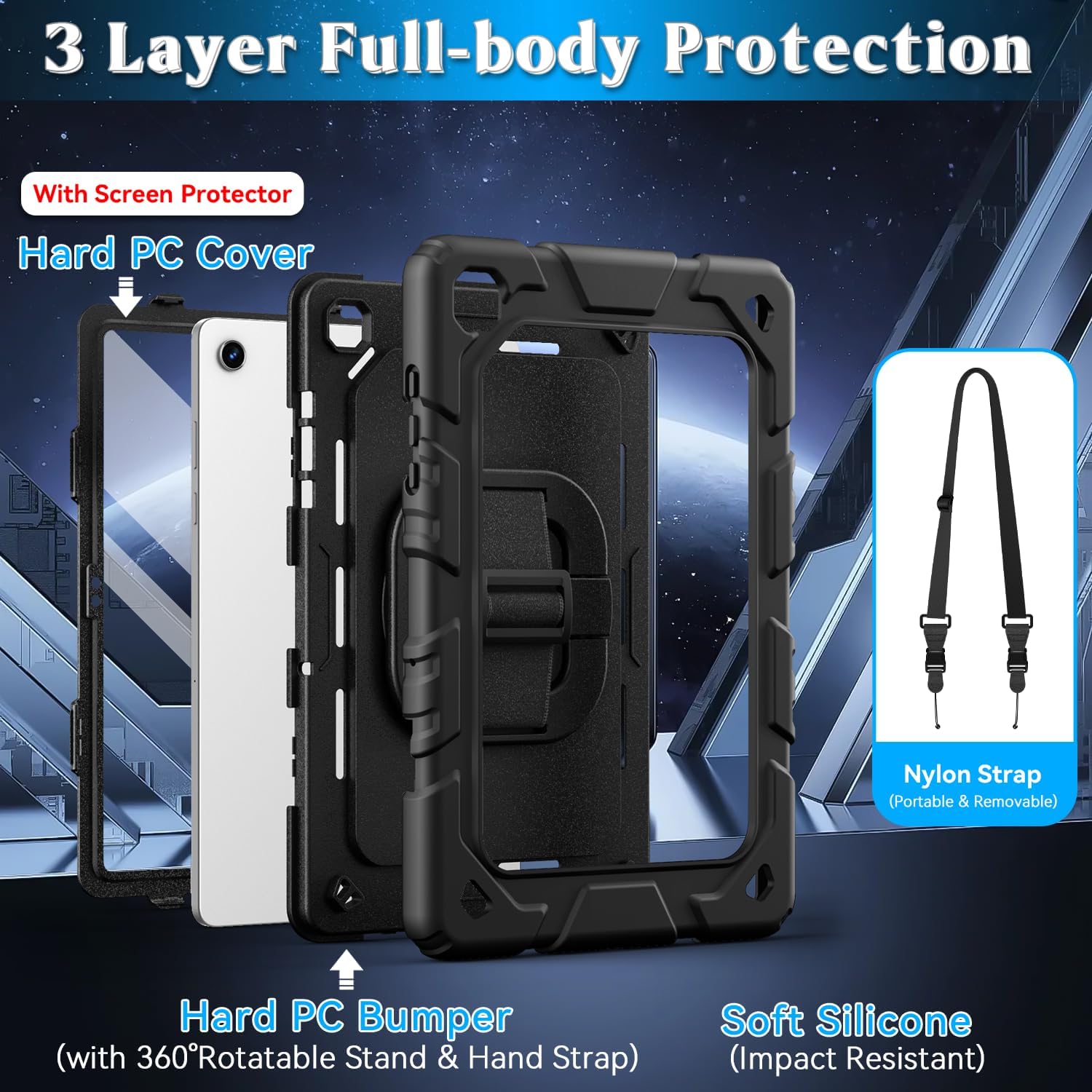 for Samsung Galaxy Tab A11 plus 2025 / A9 plus 11 Inch 2023 Cases, Shockproof Heavy Duty Cover with Screen Protector, 360 Rotating Stand, Hand & Shoulder Strap for A11+ / A9+, Black