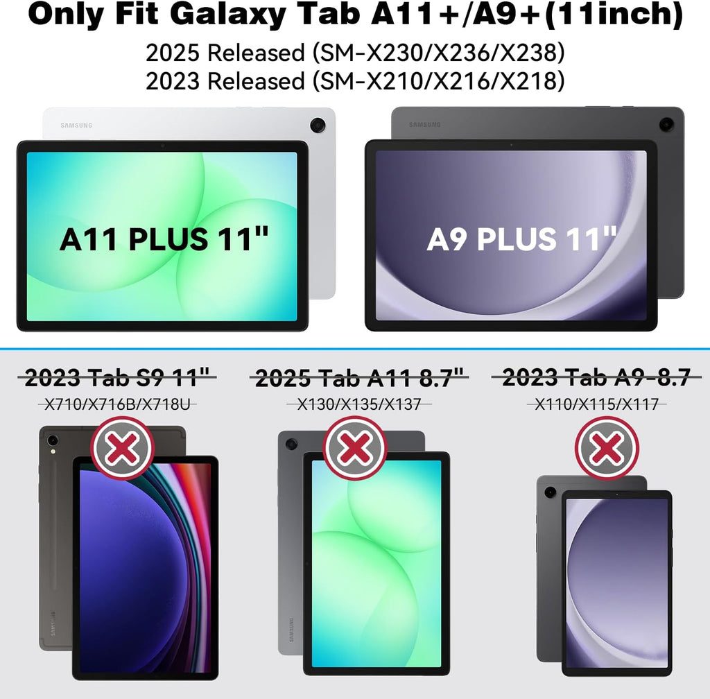 for Samsung Galaxy Tab A11 plus 2025 / A9 plus 11 Inch 2023 Cases, Shockproof Heavy Duty Cover with Screen Protector, 360 Rotating Stand, Hand & Shoulder Strap for A11+ / A9+, Black