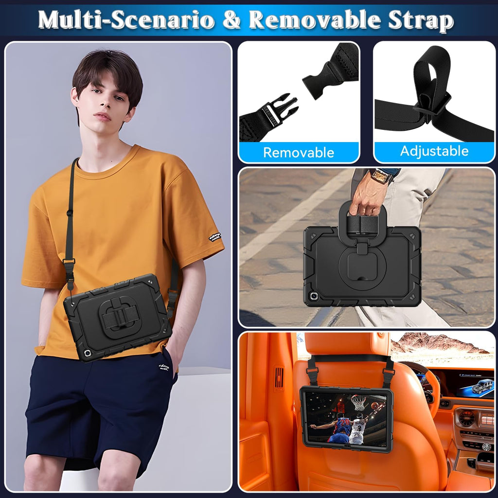for Samsung Galaxy Tab A11 plus 2025 / A9 plus 11 Inch 2023 Cases, Shockproof Heavy Duty Cover with Screen Protector, 360 Rotating Stand, Hand & Shoulder Strap for A11+ / A9+, Black