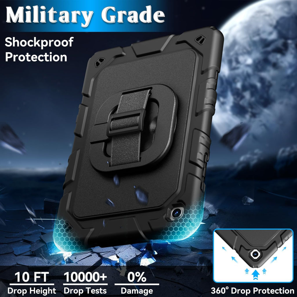for Samsung Galaxy Tab A11 plus 2025 / A9 plus 11 Inch 2023 Cases, Shockproof Heavy Duty Cover with Screen Protector, 360 Rotating Stand, Hand & Shoulder Strap for A11+ / A9+, Black