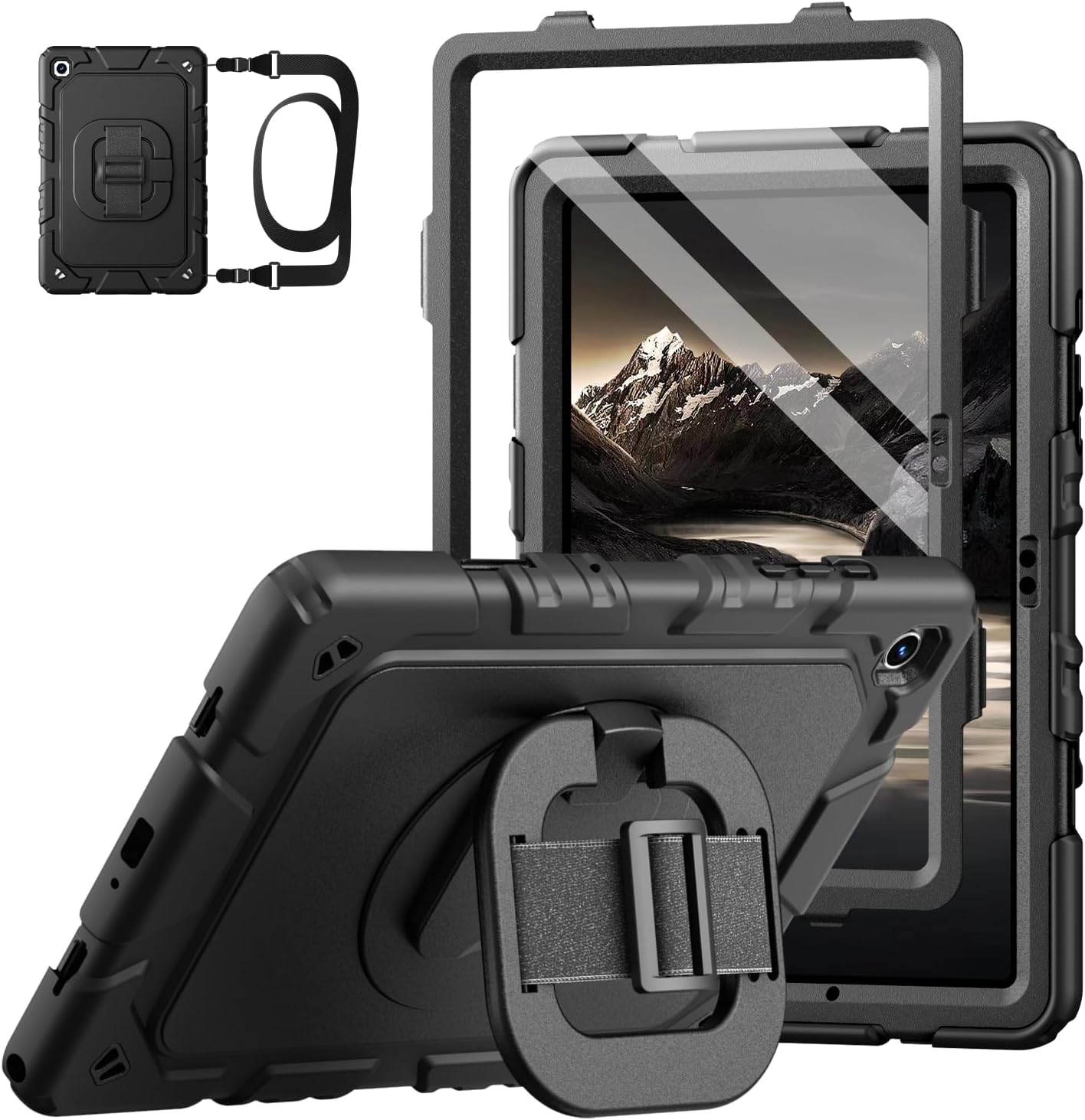 for Samsung Galaxy Tab A11 plus 2025 / A9 plus 11 Inch 2023 Cases, Shockproof Heavy Duty Cover with Screen Protector, 360 Rotating Stand, Hand & Shoulder Strap for A11+ / A9+, Black