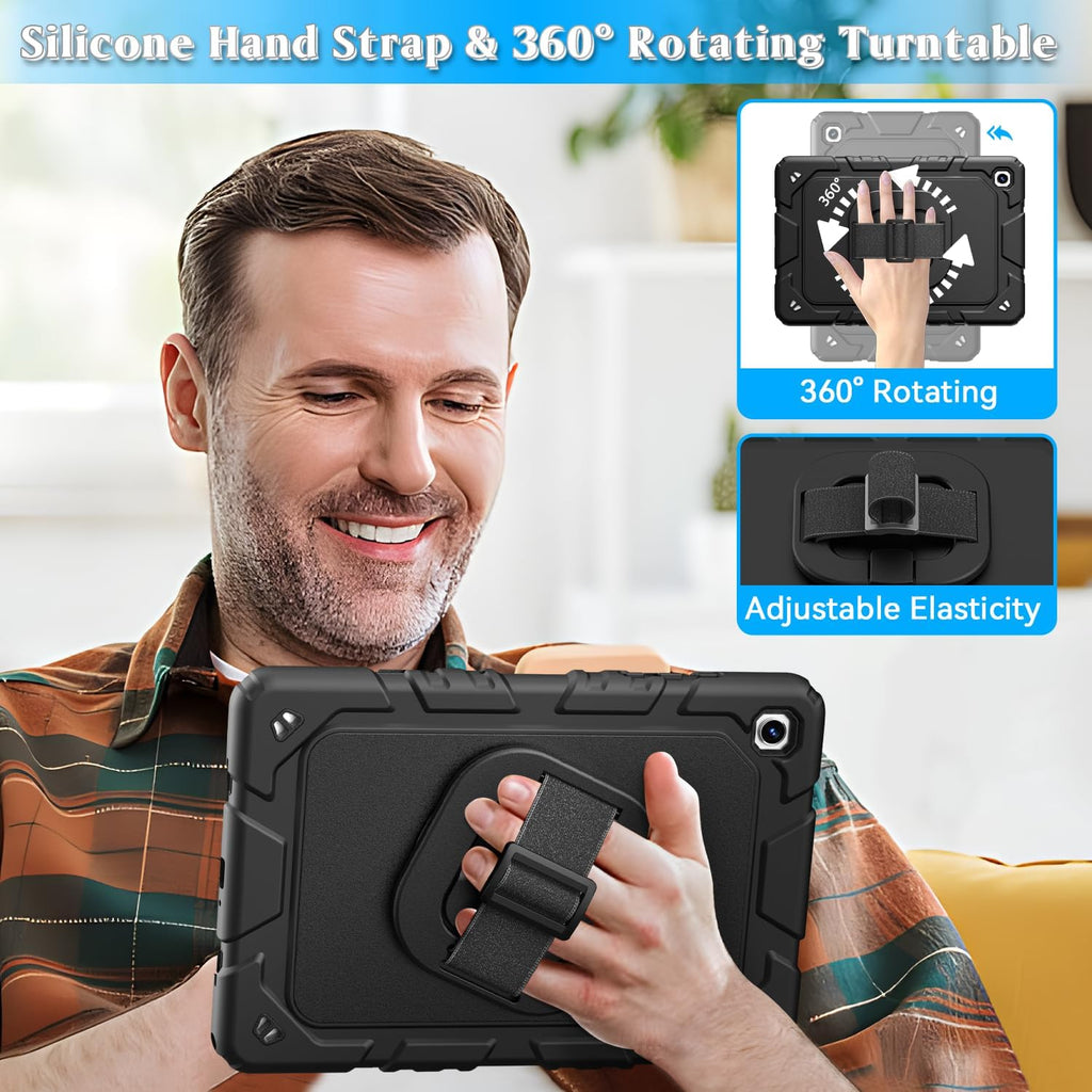 for Samsung Galaxy Tab A11 plus 2025 / A9 plus 11 Inch 2023 Cases, Shockproof Heavy Duty Cover with Screen Protector, 360 Rotating Stand, Hand & Shoulder Strap for A11+ / A9+, Black