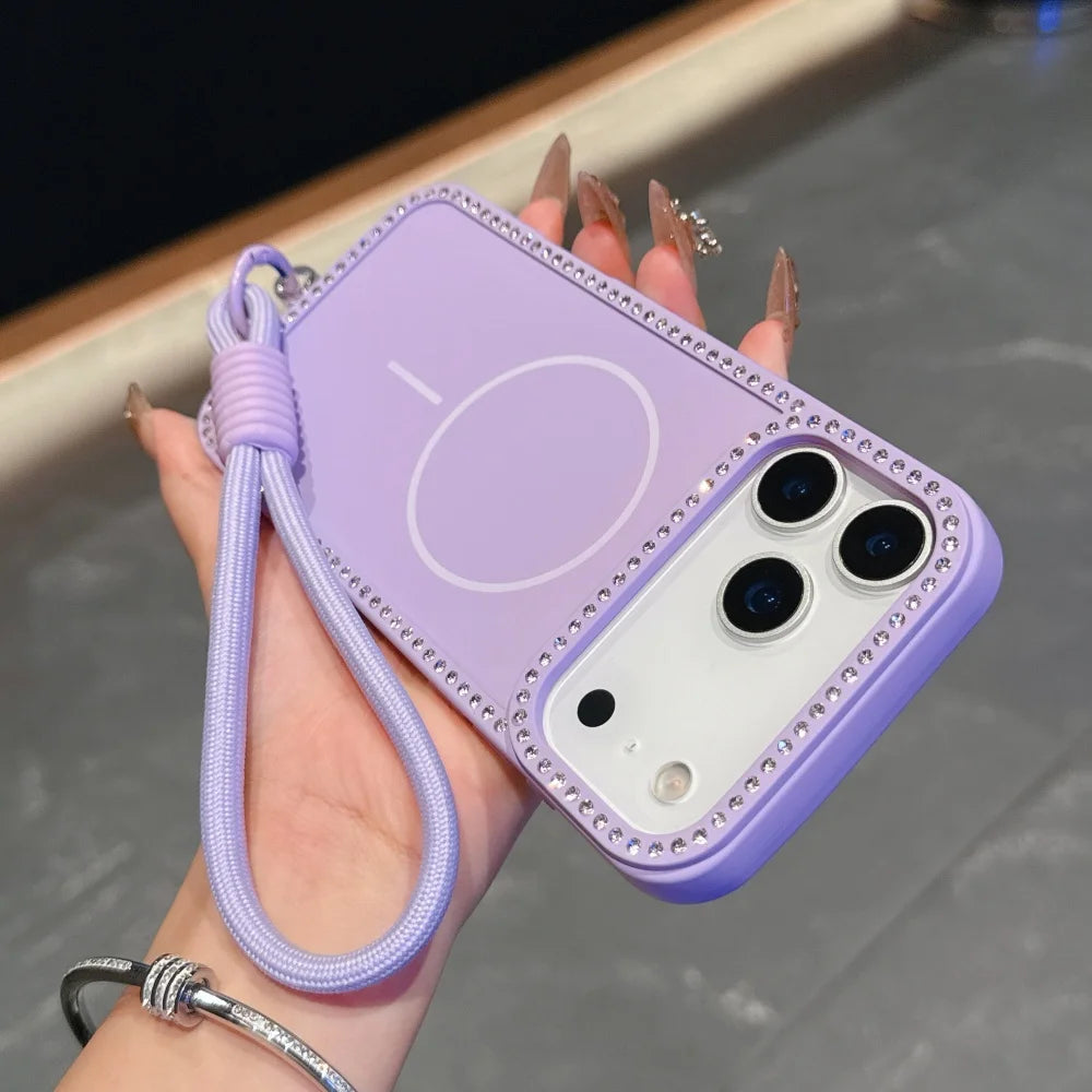 for Magsafe Glitter Diamond Lanyard Case for iPhone 15 16 17 Pro Max Air 14 Plus 11 12 13 Magnetic Hand Wrist Strap Soft Cover