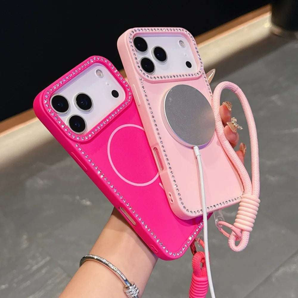 for Magsafe Glitter Diamond Lanyard Case for iPhone 15 16 17 Pro Max Air 14 Plus 11 12 13 Magnetic Hand Wrist Strap Soft Cover