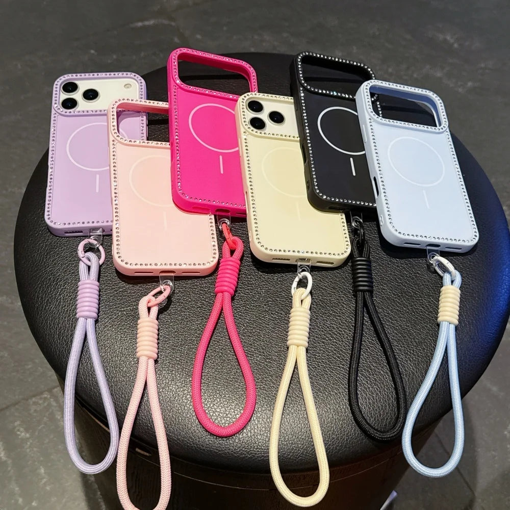 for Magsafe Glitter Diamond Lanyard Case for iPhone 15 16 17 Pro Max Air 14 Plus 11 12 13 Magnetic Hand Wrist Strap Soft Cover