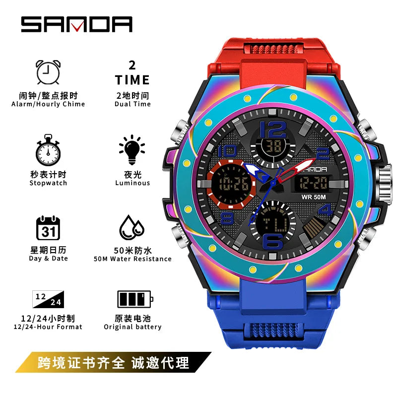 SANDA couple watch men's and women's waterproof multi-functional outdoor sports electronic watch