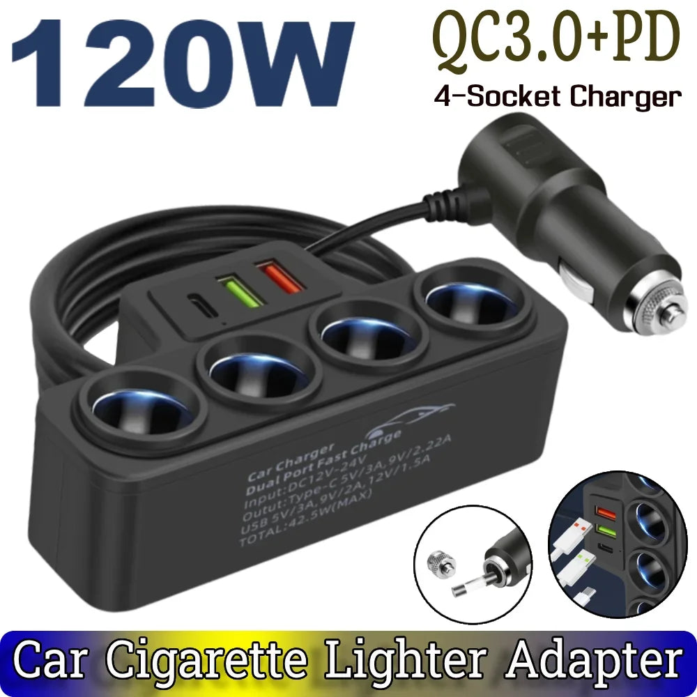 Car Cigarette Lighter Splitter 3 USB Socket QC3.0 PD 3.1A 120W 4-Socket 3 USB Ports Fast Charger Plug USB Phone Charger Adapter