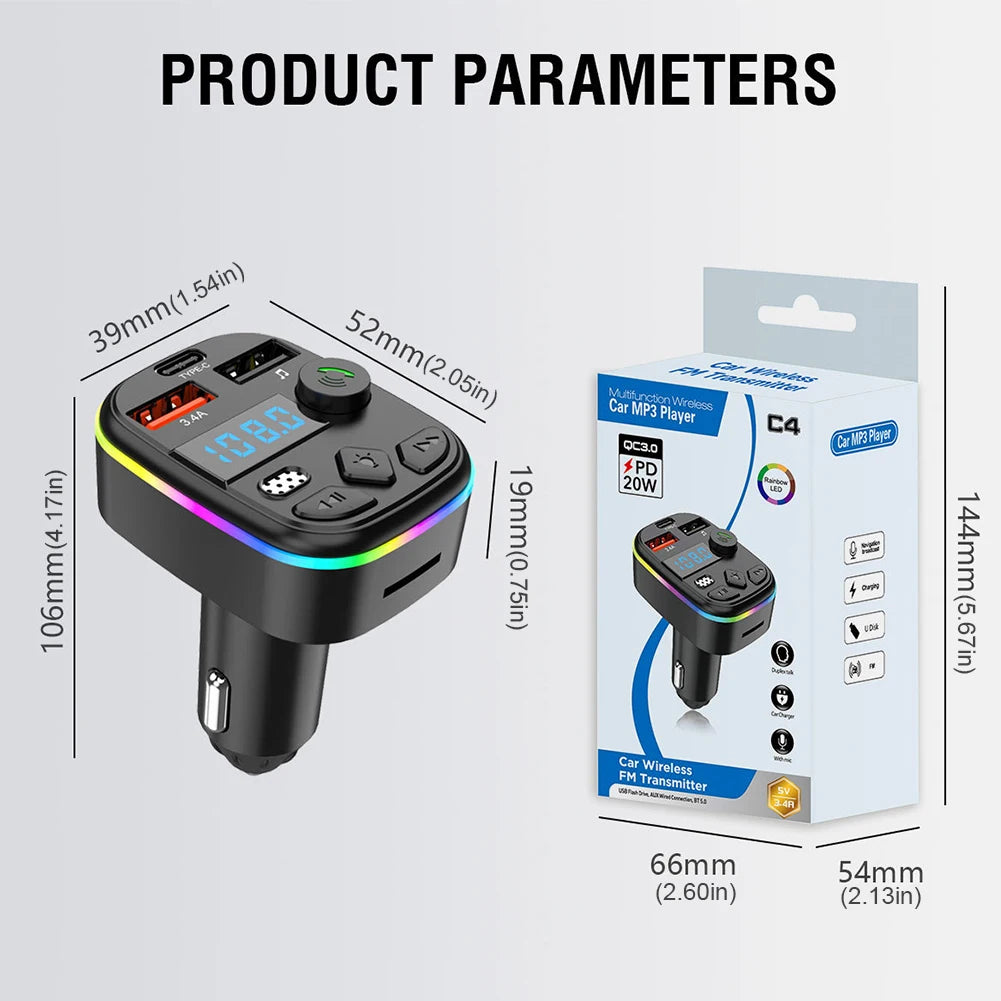 Hands Free Wireless Car Kit Car MP3 Player Bluetooth-Compatible 5.3 Support TF Card U Disk Cell Phone Charger Car FM Transmitter