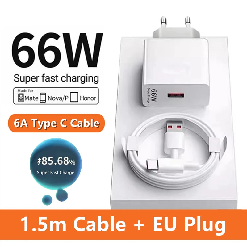 6A 66W Super Fast Charger Type C Cable 40 50 60 P50 P60 Nova 8 9 10 Honor 50 70 90 100 200 Lite X7 X8 X9 Magic 5