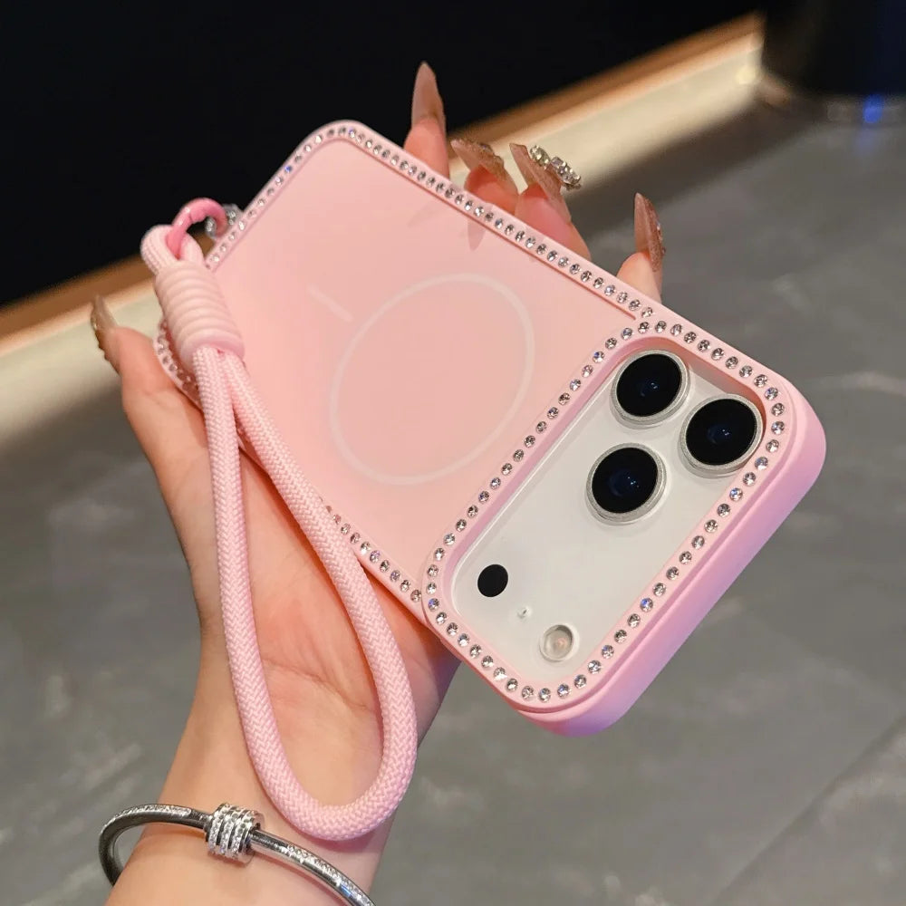 for Magsafe Glitter Diamond Lanyard Case for iPhone 15 16 17 Pro Max Air 14 Plus 11 12 13 Magnetic Hand Wrist Strap Soft Cover