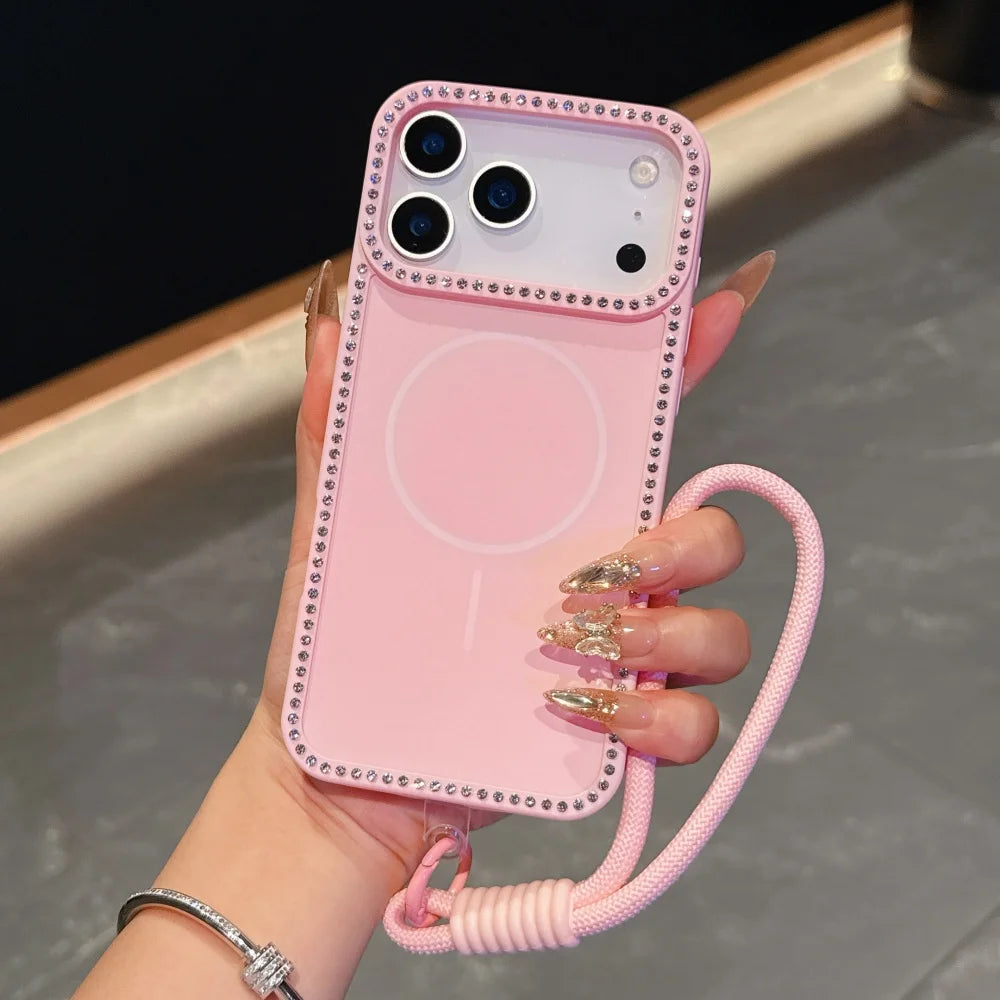 for Magsafe Glitter Diamond Lanyard Case for iPhone 15 16 17 Pro Max Air 14 Plus 11 12 13 Magnetic Hand Wrist Strap Soft Cover
