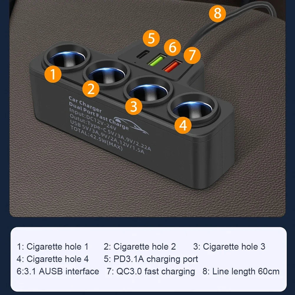 Car Cigarette Lighter Splitter 3 USB Socket QC3.0 PD 3.1A 120W 4-Socket 3 USB Ports Fast Charger Plug USB Phone Charger Adapter