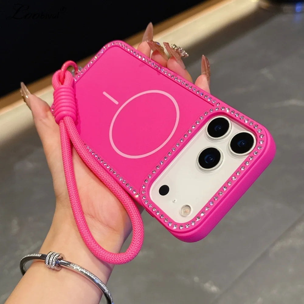 for Magsafe Glitter Diamond Lanyard Case for iPhone 15 16 17 Pro Max Air 14 Plus 11 12 13 Magnetic Hand Wrist Strap Soft Cover