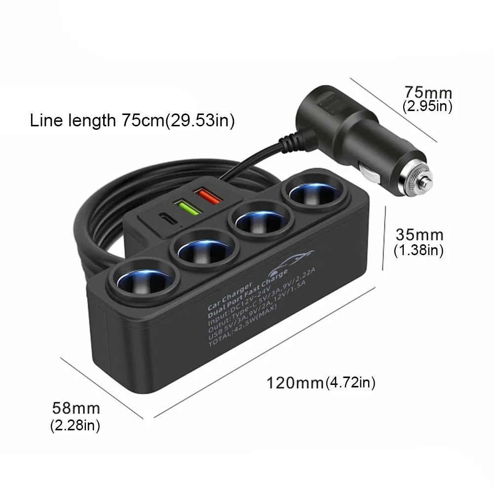 Car Cigarette Lighter Splitter 3 USB Socket QC3.0 PD 3.1A 120W 4-Socket 3 USB Ports Fast Charger Plug USB Phone Charger Adapter