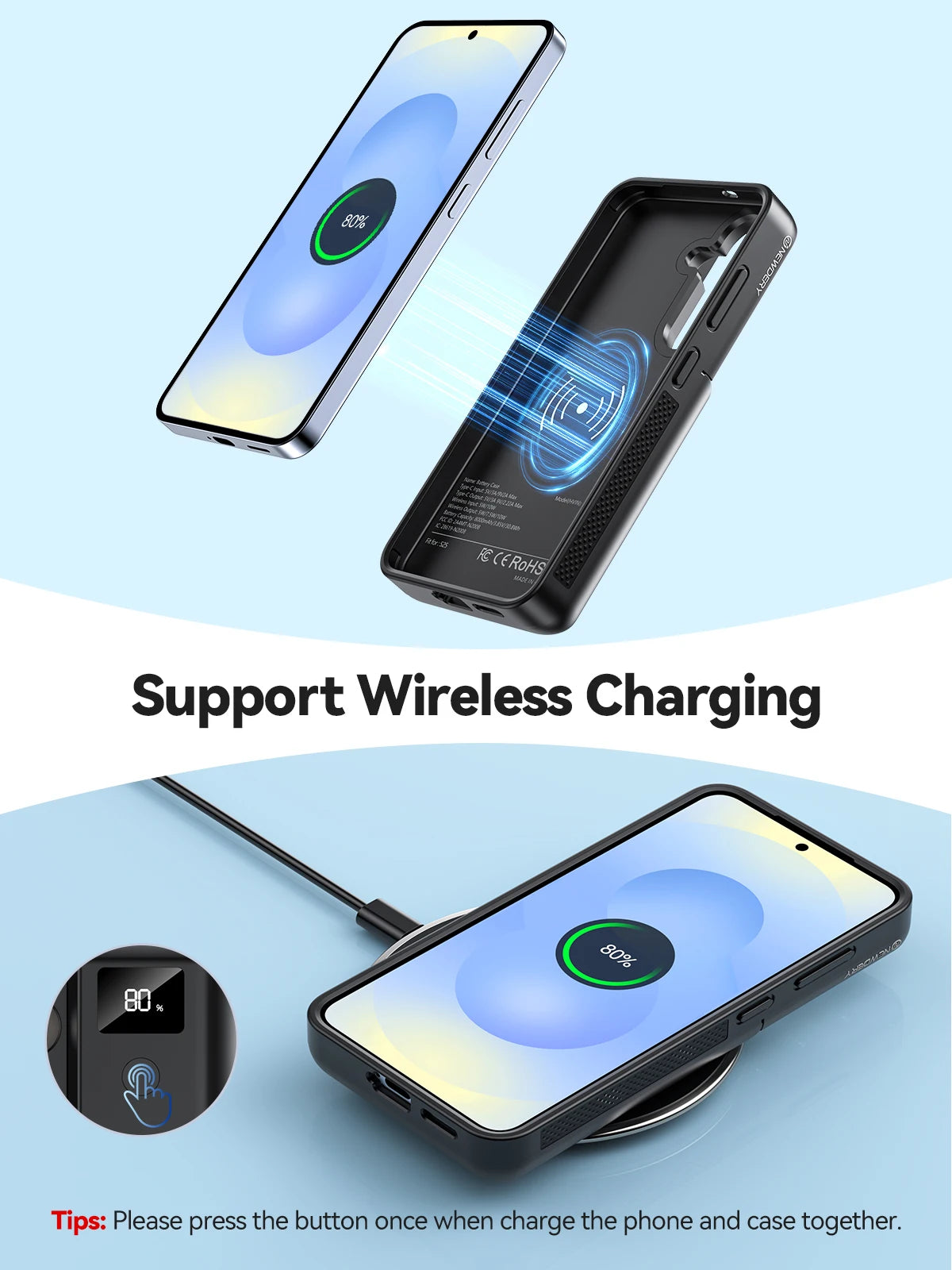 10000mAh Wireless Charger Battery Case for Samsung Galaxy S25 Plus Power Case 10000mAh Portable Power Bank with LED Display