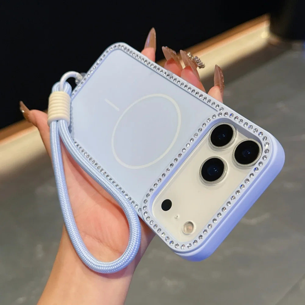 for Magsafe Glitter Diamond Lanyard Case for iPhone 15 16 17 Pro Max Air 14 Plus 11 12 13 Magnetic Hand Wrist Strap Soft Cover