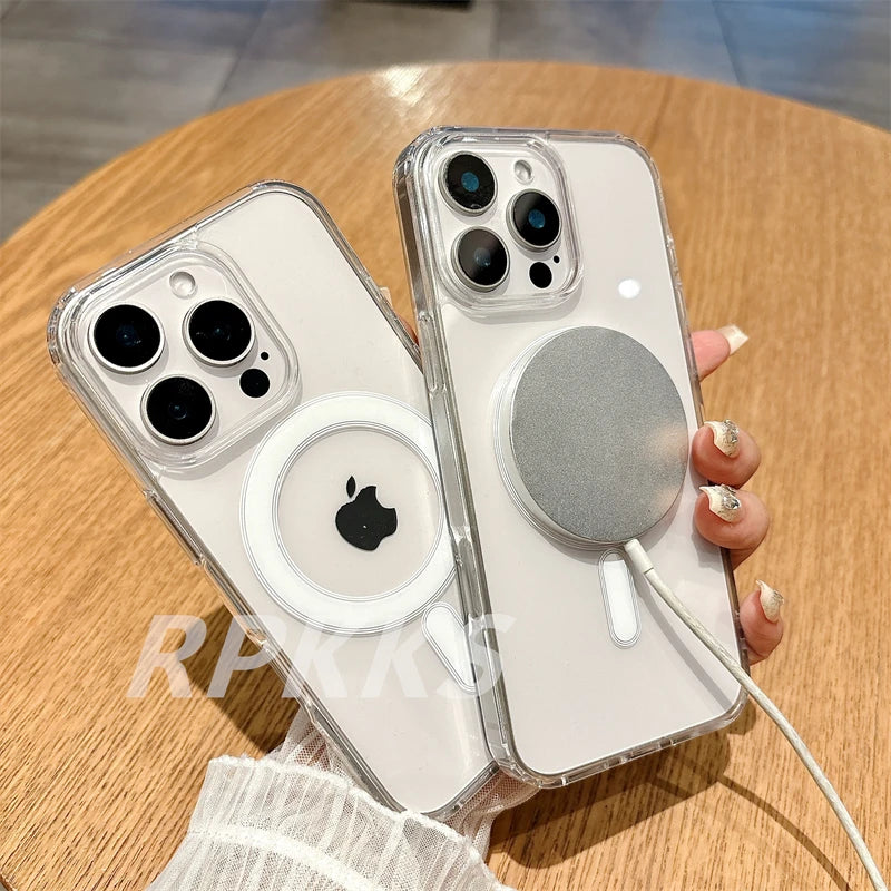 Transparent For Magsafe Magnetic Wireless Charge Case For iphone 11 12 13 14 15 16 17 Pro XS Max XR 16e 17 Air Hard Acryli Cover