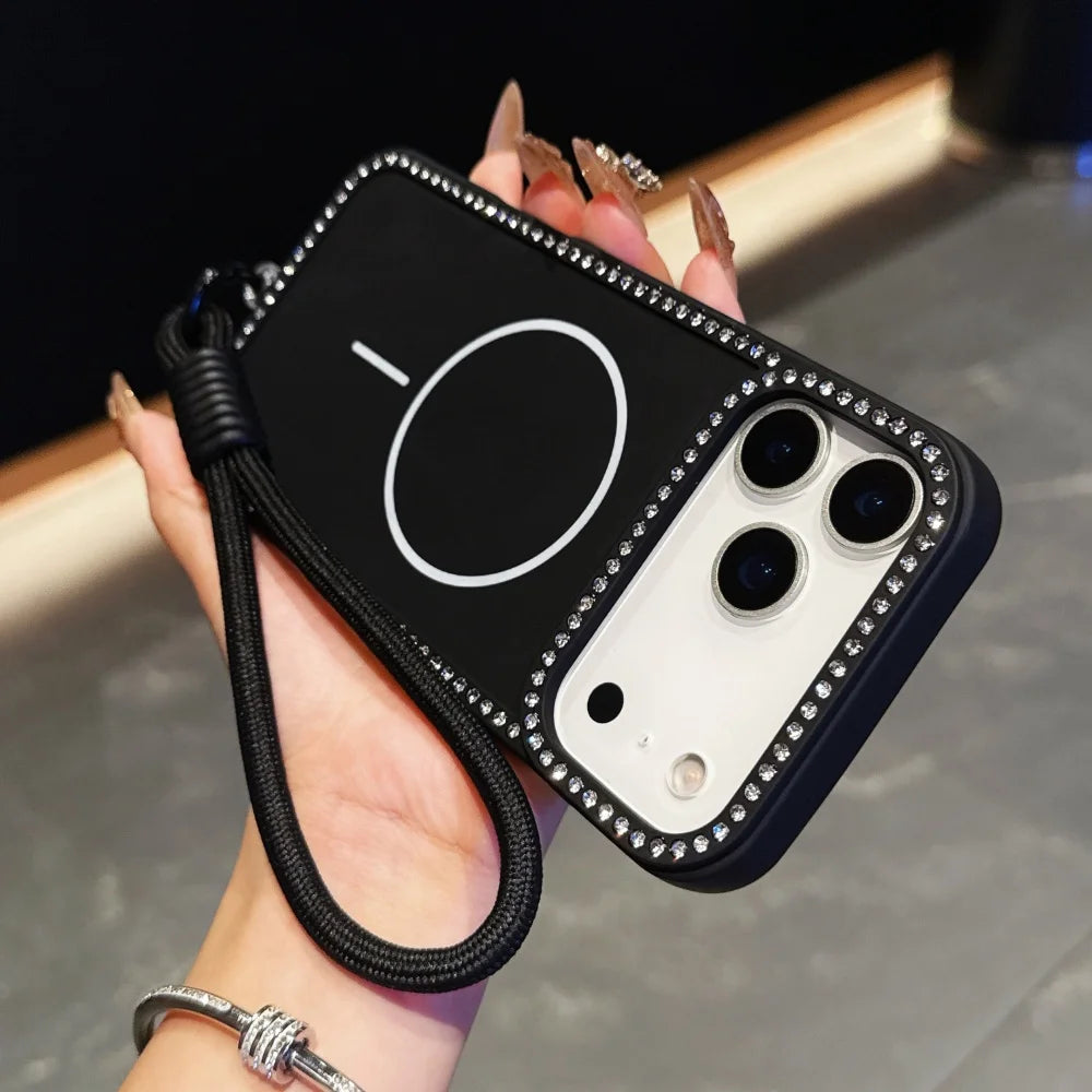 for Magsafe Glitter Diamond Lanyard Case for iPhone 15 16 17 Pro Max Air 14 Plus 11 12 13 Magnetic Hand Wrist Strap Soft Cover