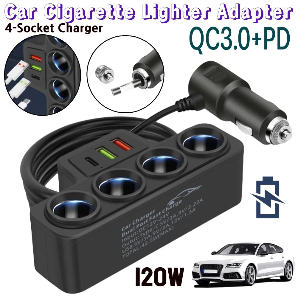 Car Cigarette Lighter Splitter 3 USB Socket QC3.0 PD 3.1A 120W 4-Socket 3 USB Ports Fast Charger Plug USB Phone Charger Adapter