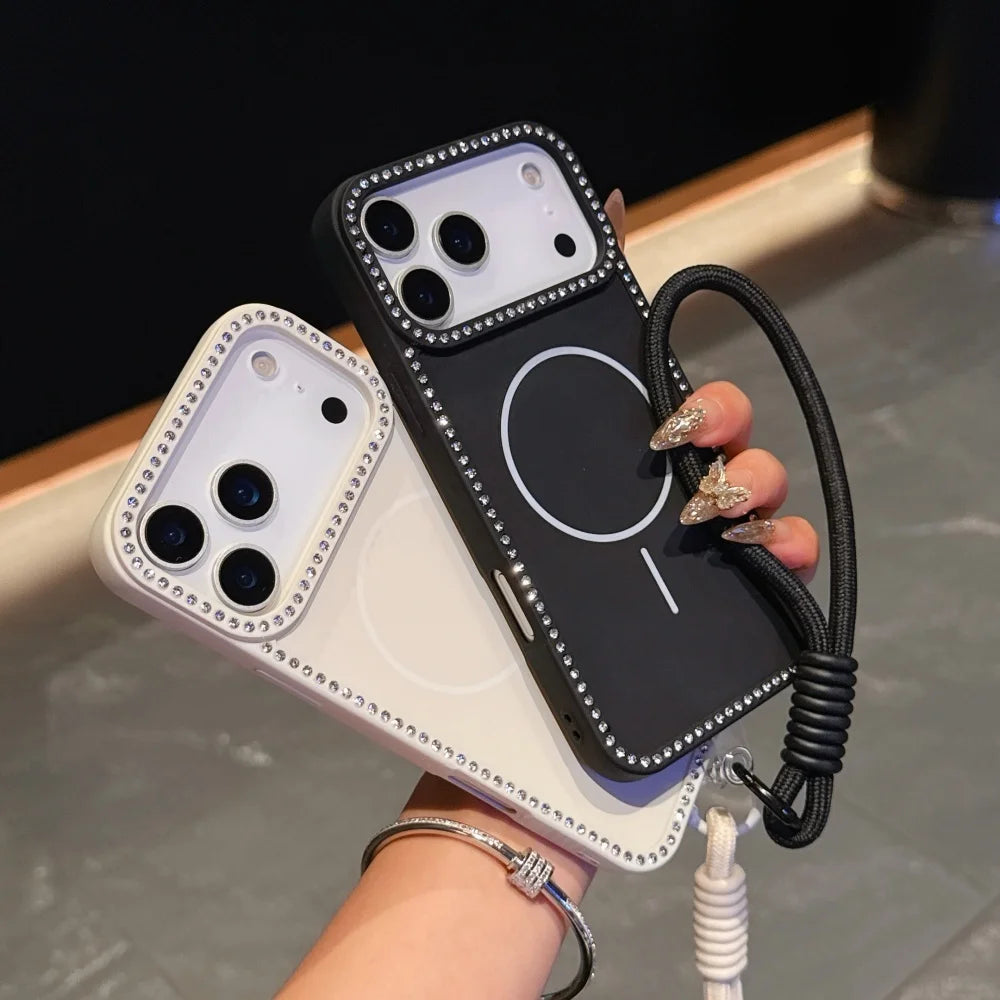for Magsafe Glitter Diamond Lanyard Case for iPhone 15 16 17 Pro Max Air 14 Plus 11 12 13 Magnetic Hand Wrist Strap Soft Cover