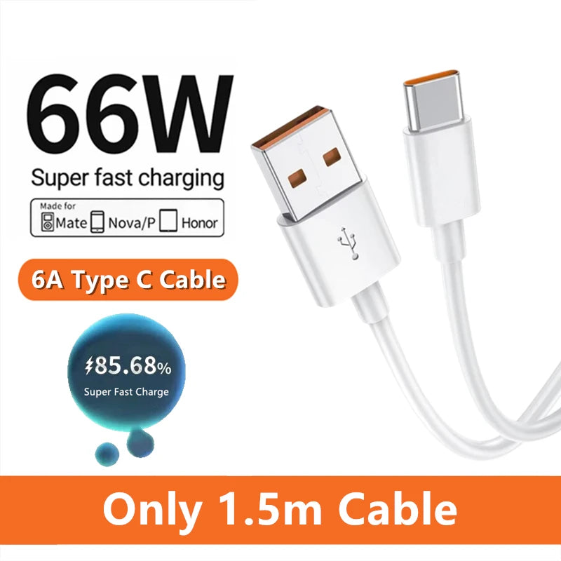 6A 66W Super Fast Charger Type C Cable 40 50 60 P50 P60 Nova 8 9 10 Honor 50 70 90 100 200 Lite X7 X8 X9 Magic 5